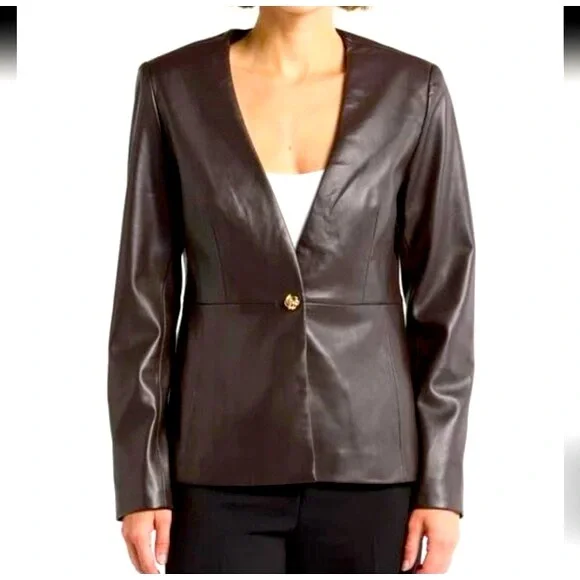 Elie Tahari V-Neck Vegan Leather Single Button Jacket, Chocolate Brown - Picture 1 of 7